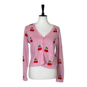 Nikkak Cardigan Sweater Tie Front Cropped Pink Red Cherry Pattern Women Size XL